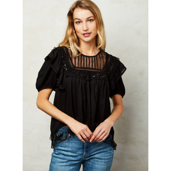 LOVE THE LABEL Dawn Beaded Top Black Lace Flowy Pintuck Mesh Medium NEW $265 - Picture 1 of 9